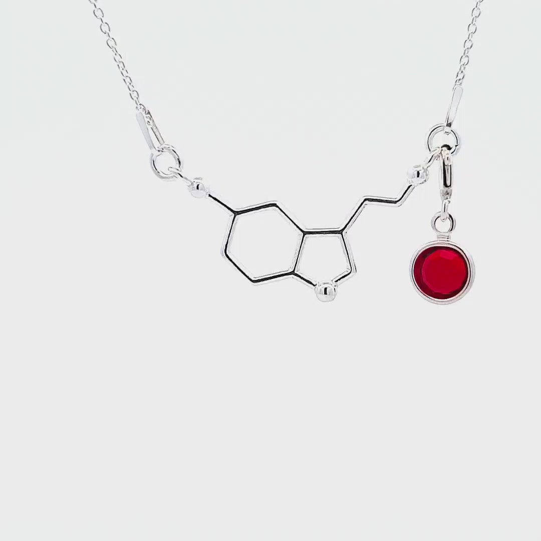 A sterling silver serotonin molecule necklace with birthstone, gift boxed Ireland