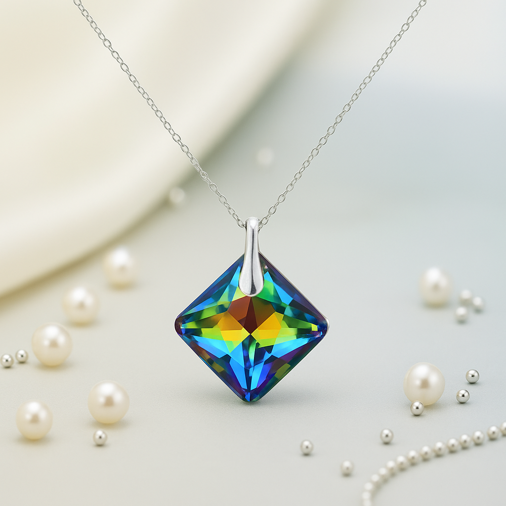 Square Birthstone Crystal Pendant Necklace in Sterling Silver