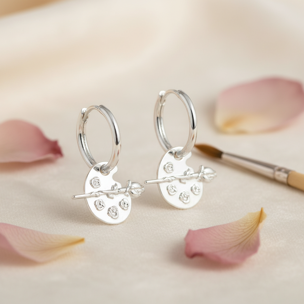 Artist's Muse Rose on Paint Palette Charm Hoop Earrings | 925 Sterling Silver