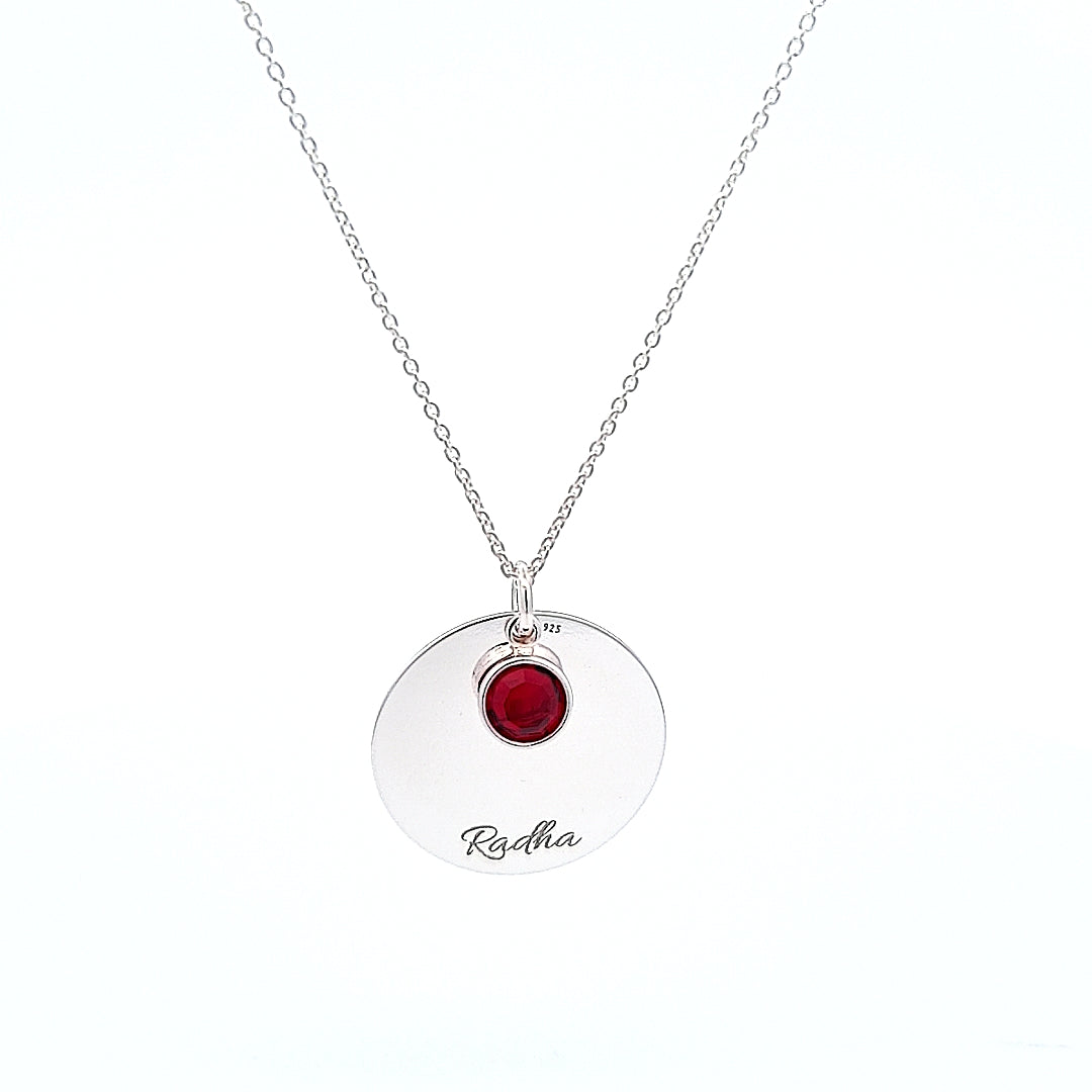 Disc necklace with engraved name and birthstone crystal, in sterlong silver, shop in Ireland