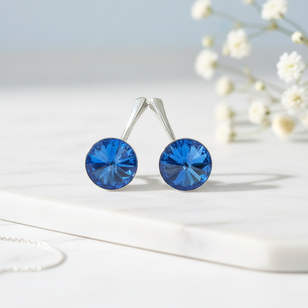 Sterling Silver Drop Earrings with 12mm Sapphire Blue Rivoli Crystal