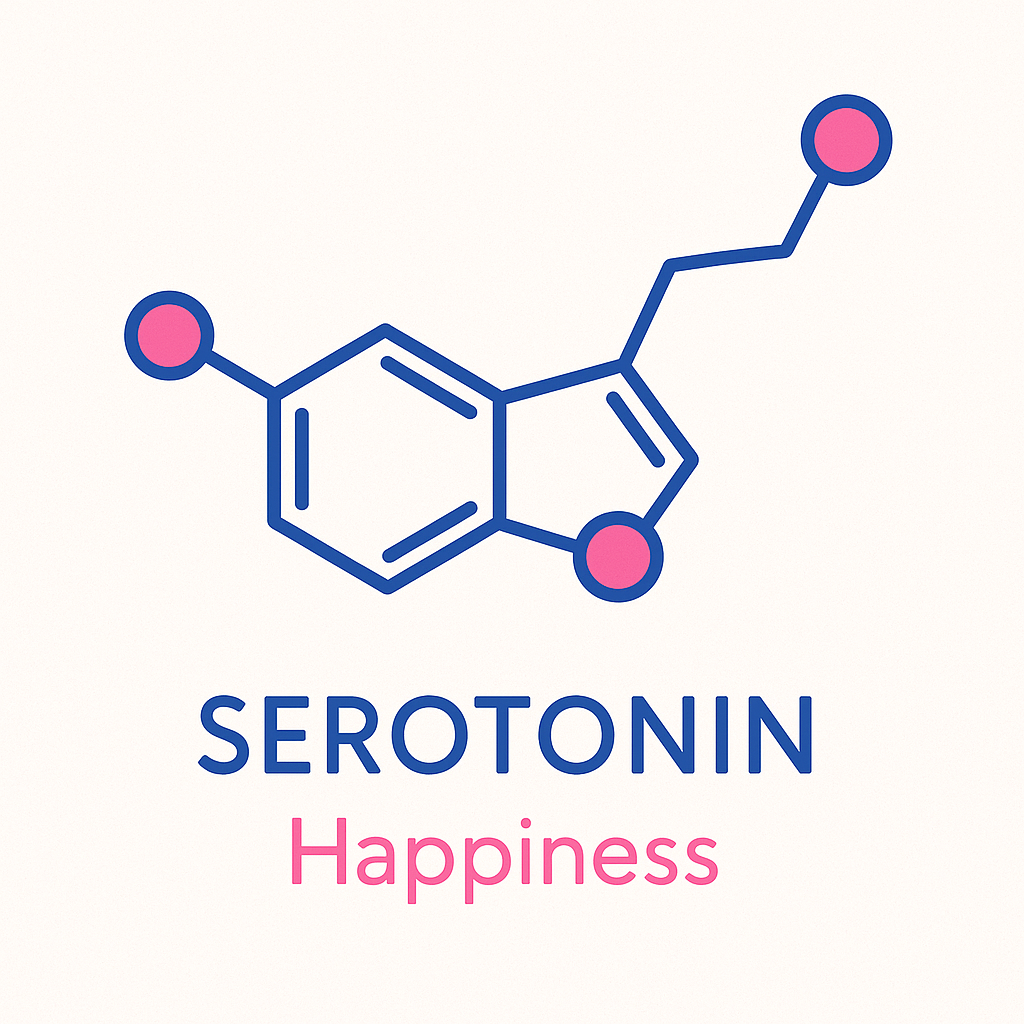Molecular structure of serotonin with 'Happiness' text on a white background