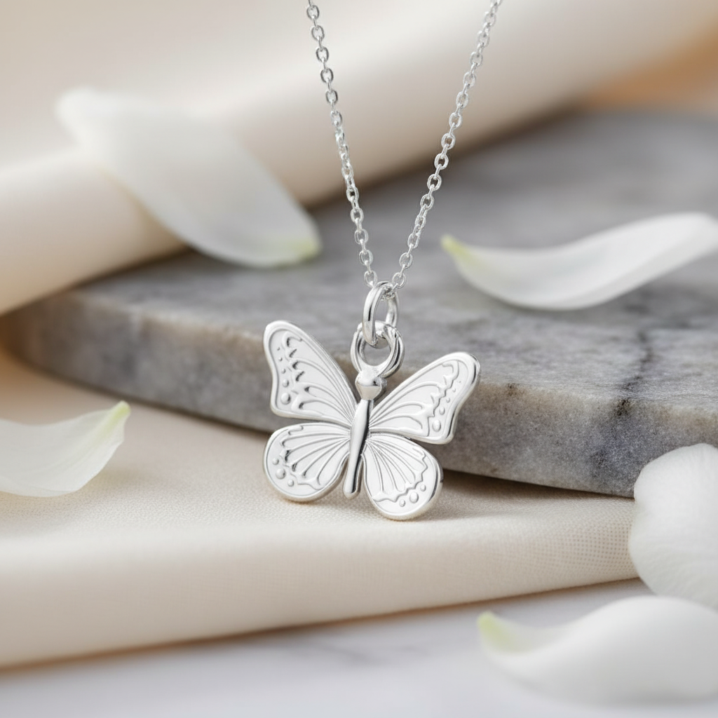 Silver butterfly necklace on a delicate background