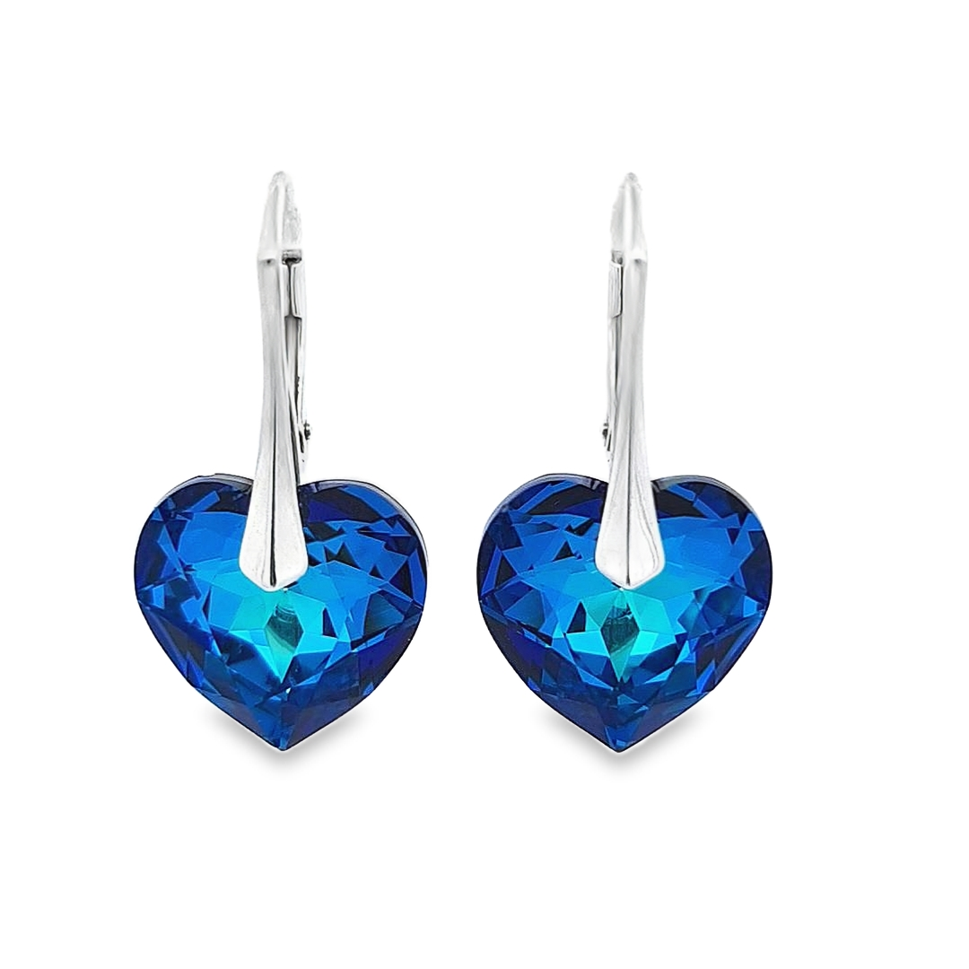 Silver Heart Drop Earrings with Bermuda Blue Crystals by Magpie Gems in Ireland