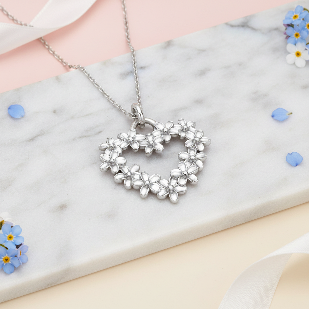 Heart with Forget-Me-Not Flowers Necklace | 925 Sterling Silver