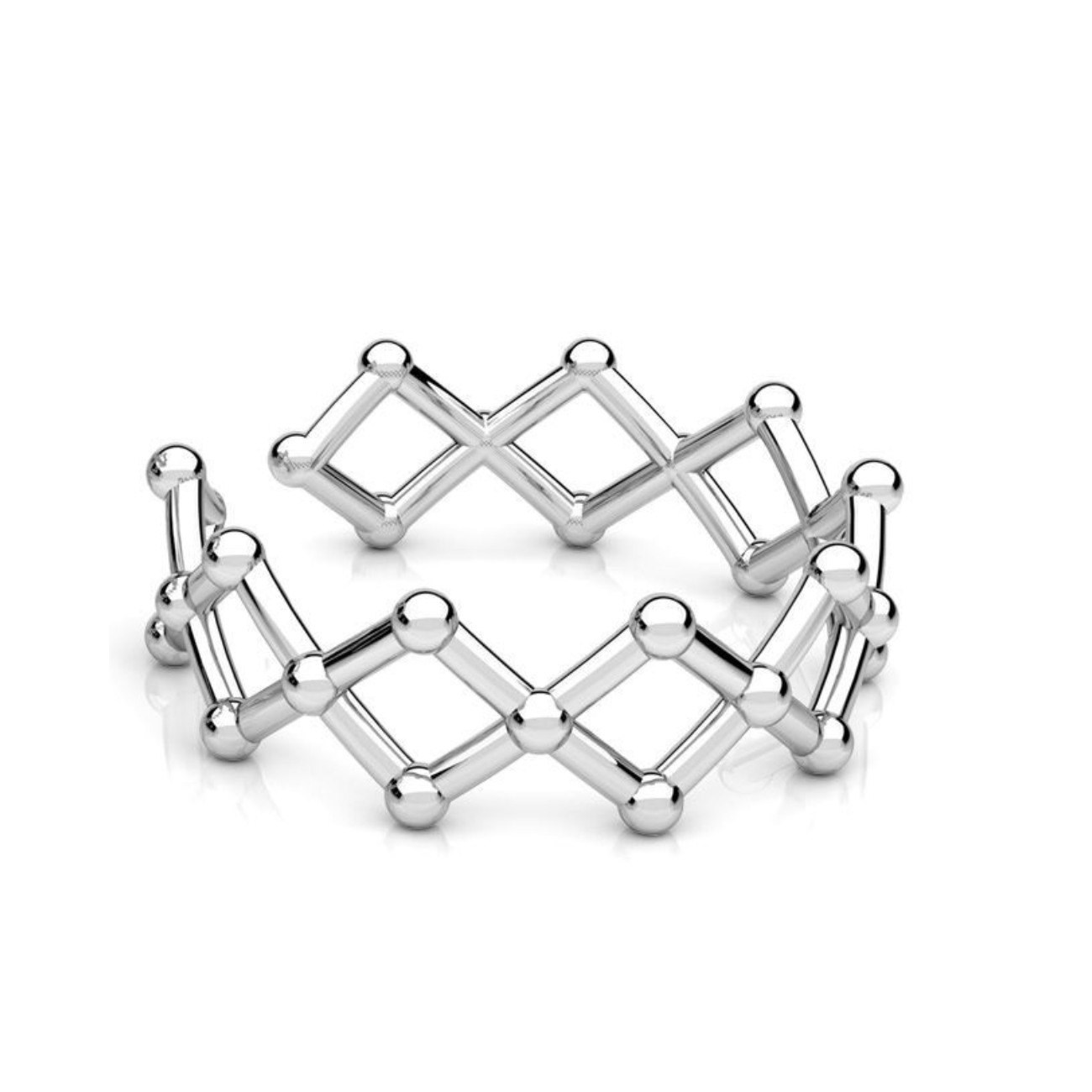 Side view of sterling silver molecule ring showing lattice structure