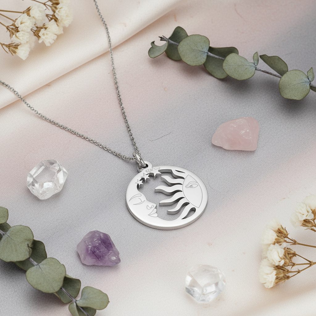 Silver necklace with a circular pendant with sun, moon and stars, on a light surface with flowers and crystals.