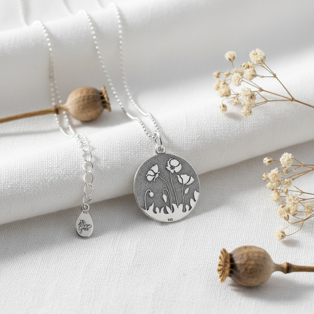 Silver necklace with a floral pendant on a white fabric background