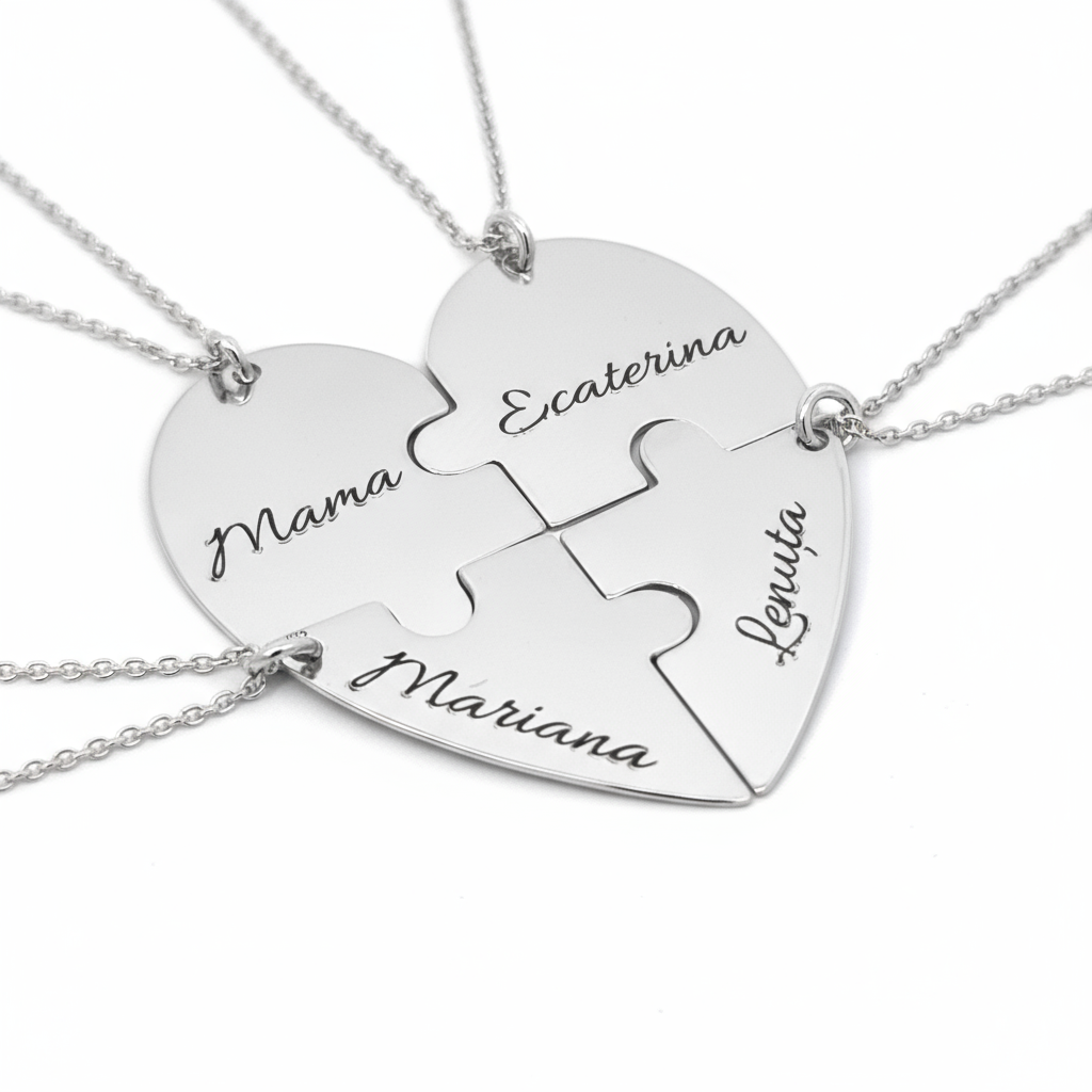 Silver heart-shaped 4 puzzle piece necklace with engraved names on a white background