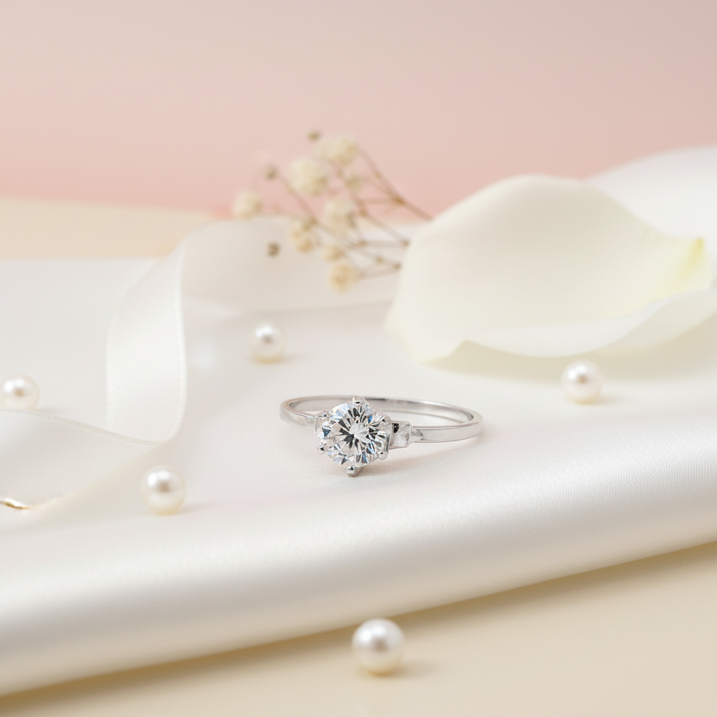 Elegant sterling silver solitaire engagement ring with sparkling cubic zirconia displayed on white satin with pearls by Magpie Gems in Ireland.