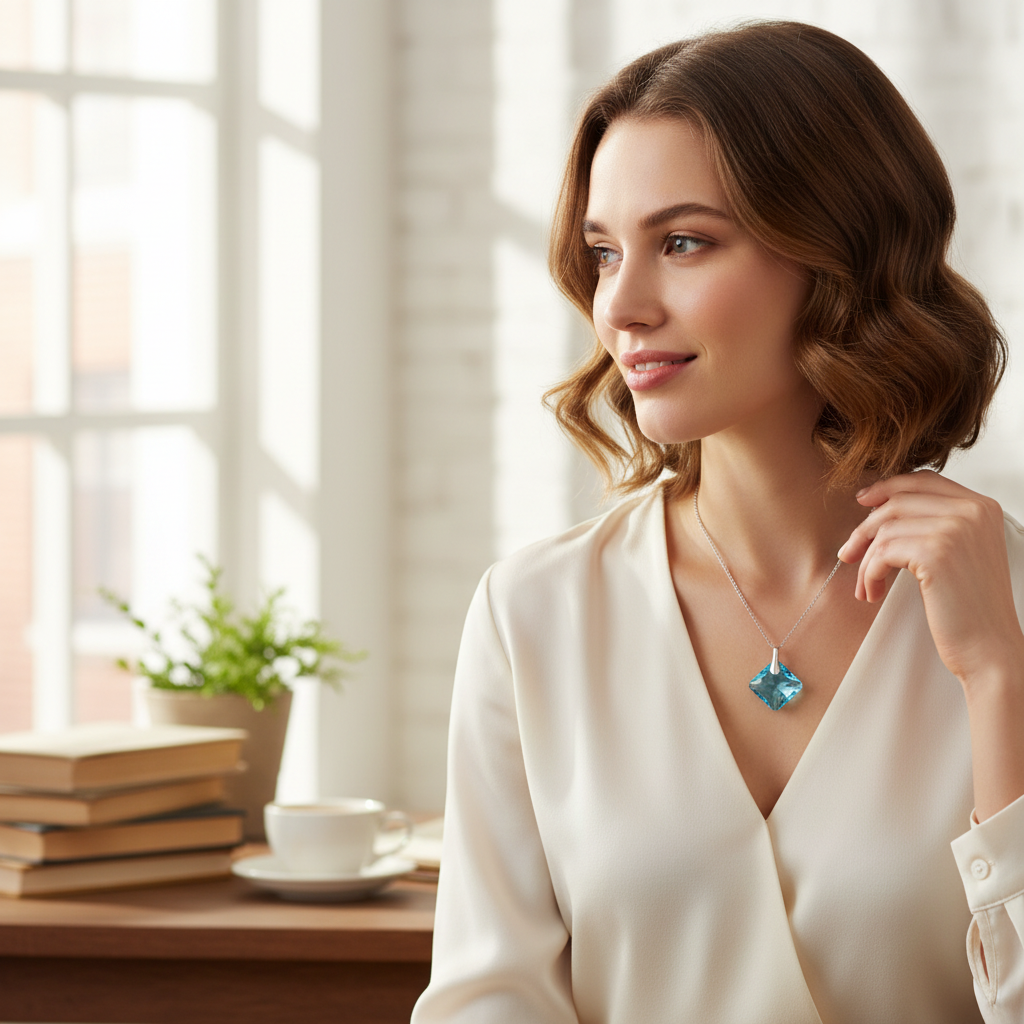 Square Birthstone Crystal Pendant Necklace in Sterling Silver