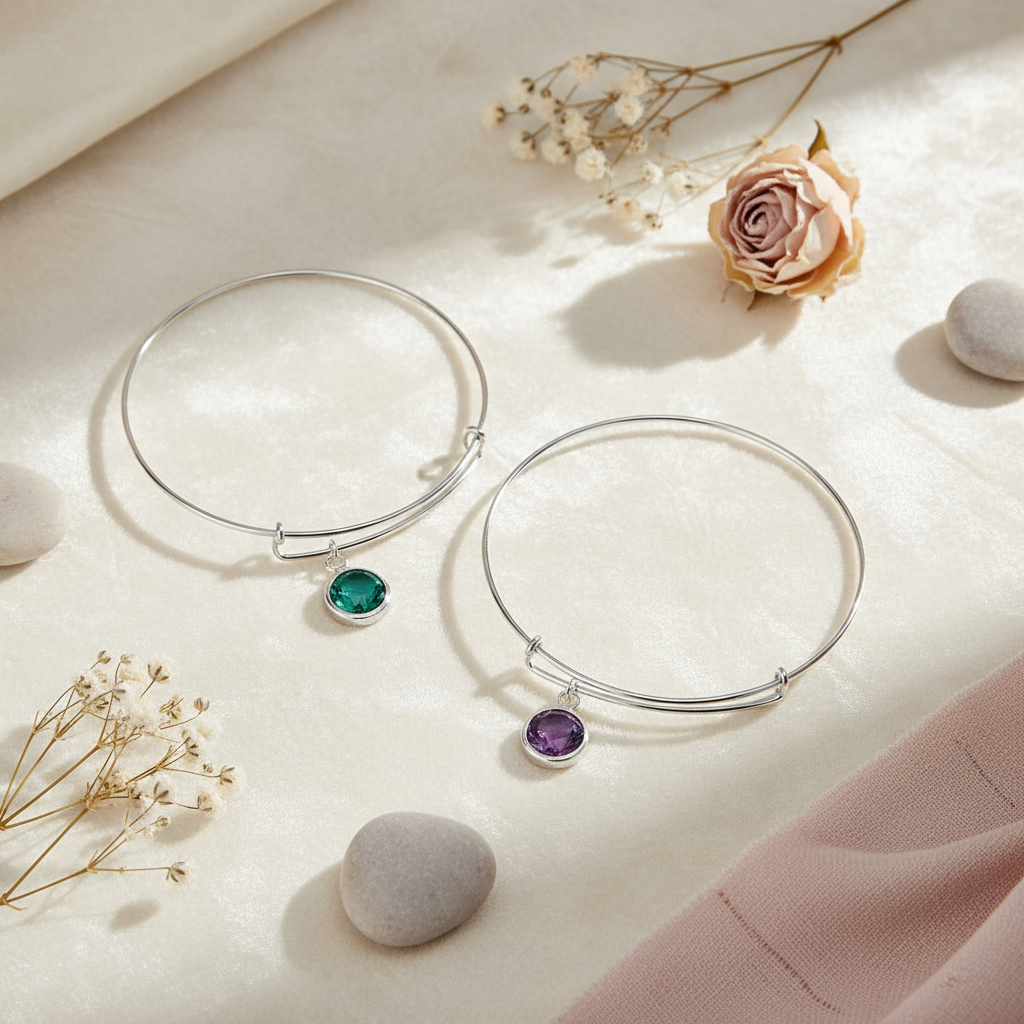 Sterling Silver Bangle Bracelet Set with Birthstone Crystals