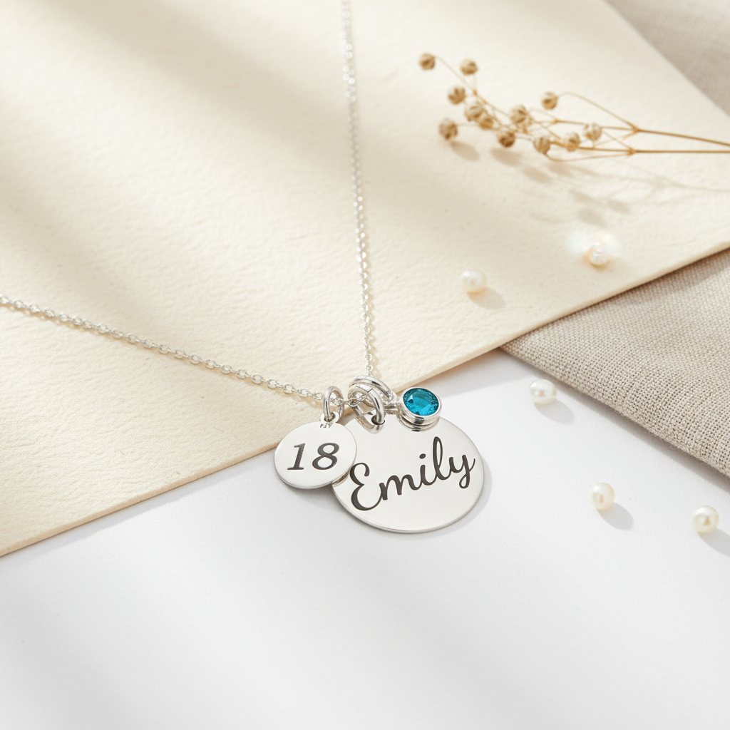 Silver necklace with engraved name and birthstone on a white and beige fabric background