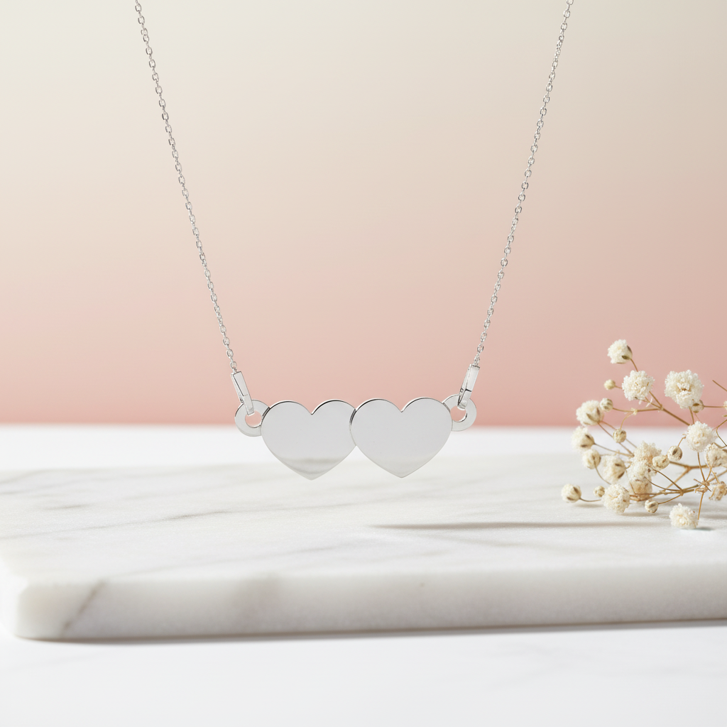 Sterling silver double heart necklace with two connected hearts on a delicate chain, photographed on soft pink background – Magpie Gems