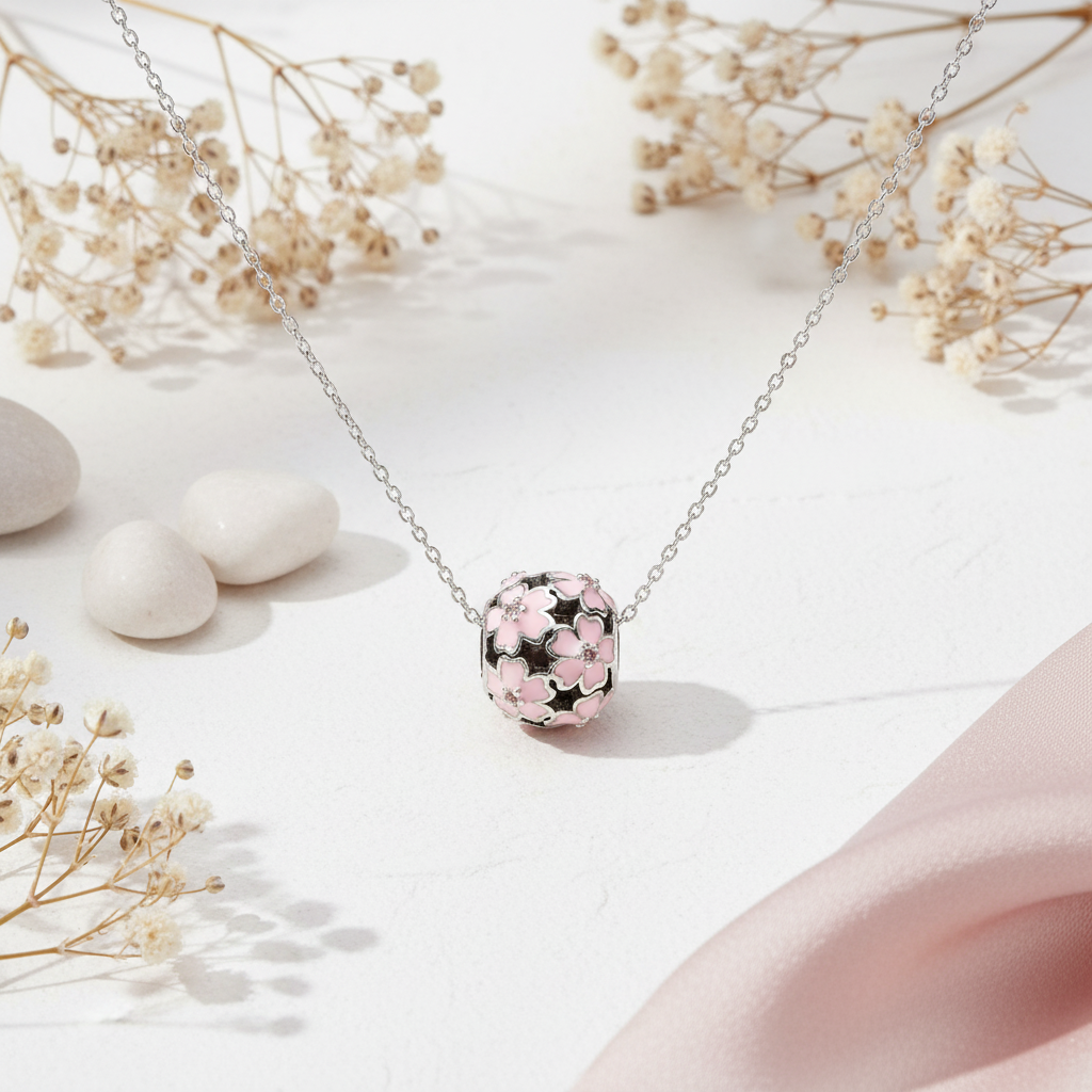 Necklace with a pink floral pendant in sterling silver, made in Ireland by Magpie Gems.