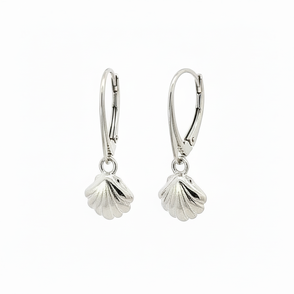 Sterling Silver Sea Shell Dangle Earrings with Leverbacks – Delicate Coastal Charm Earrings by Magpie Gems Online Jewellery Shop in Ireland.