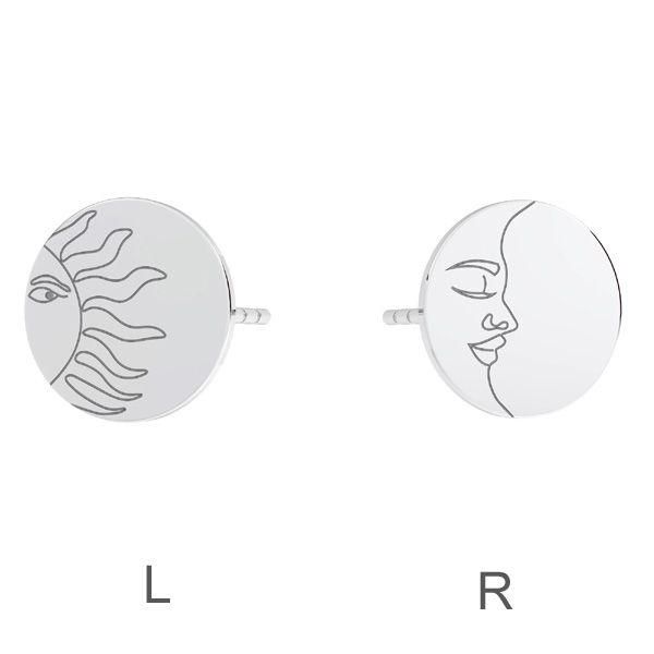 Celestial Harmony Stud earrings in sterling silver with mismatched left and right sterling silver stud earrings with sun and moon engravings. The left stud depicts a stylized sun with radiating lines, while the right stud shows a serene crescent moon with a facial profile, both 10mm in diameter.