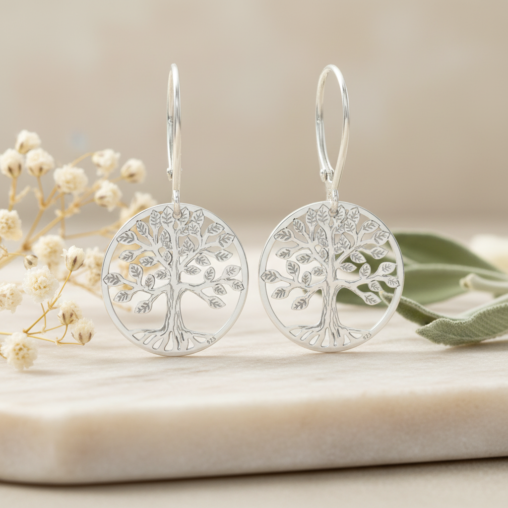 Celtic Tree of Life Sterling Silver Drop Earrings – Front View