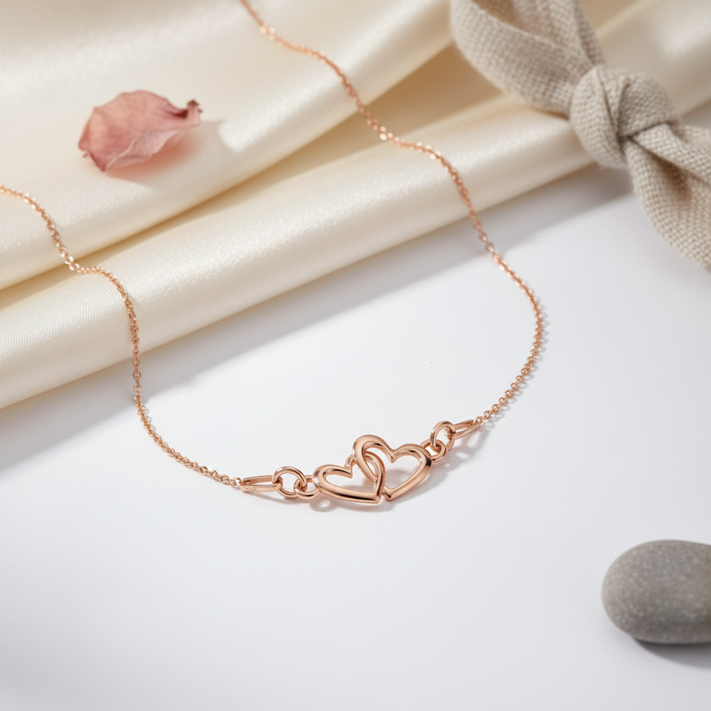 Rose gold Two Hearts as One necklace with interlocking heart pendant displayed on soft cream satin. Perfect as a gift for girls or women in Ireland.
