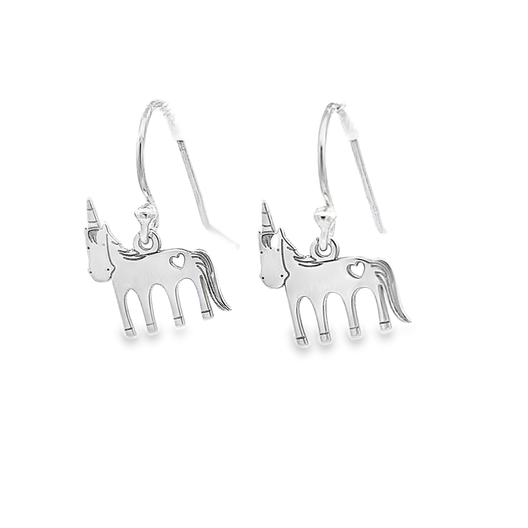 Pair of Unicorn Silver Hook Earrings displayed on a white background, highlighting their whimsical charm.
