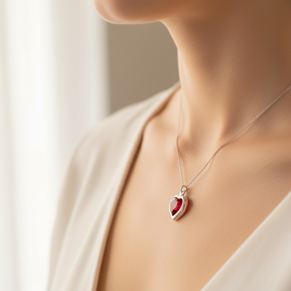 Woman wearing s January or July Birthstone Heart pendant necklace on a plain sterling silver chain, made y Magpie Gems in Ireland