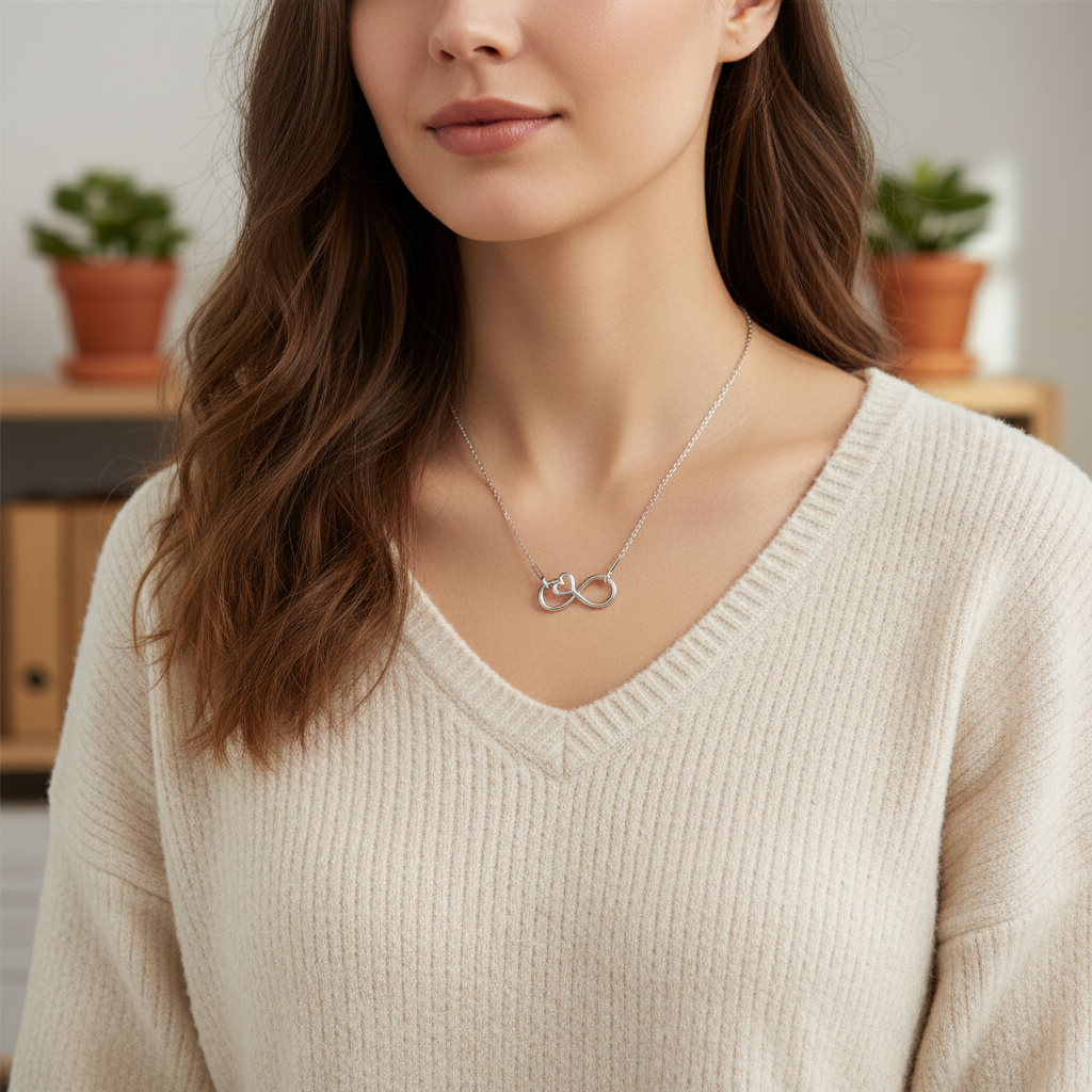 Woman wearing a silver necklace with an infinity symbol with a heart in a neutral setting