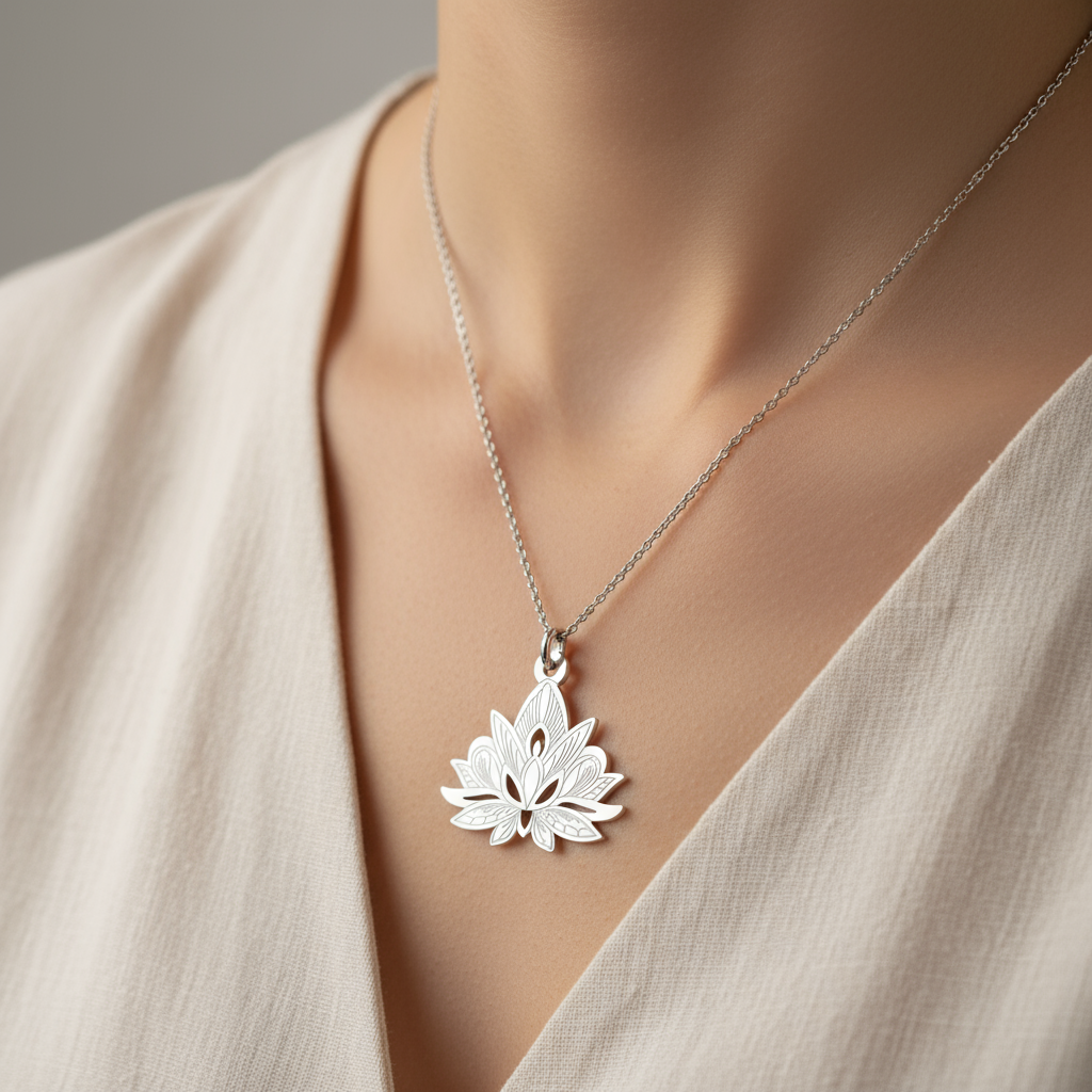 Silver necklace with a lotus flower pendant on a neutral background
