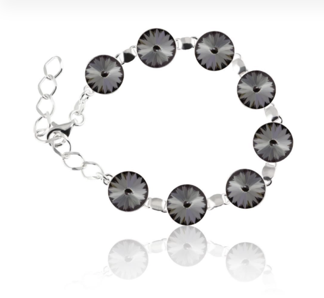 Silver Night Crystal Link Bracelet, Shop in Ireland, Close-up of Silver Night Stone - Round Rivoli Crystal on Sterling Silver Bracelet