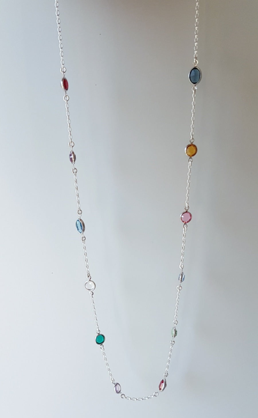 Long silver necklace for ladies with multicolor birthstones crystals made and gift boxed in Ireland by Magpie Gems Jewellery 