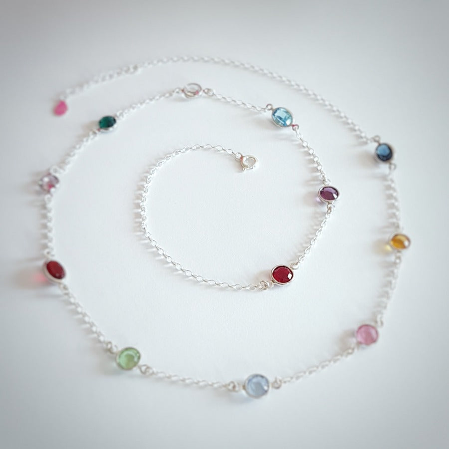 Multicoloured crystal strand silver necklace with birthstones, gift boxed in Ireland