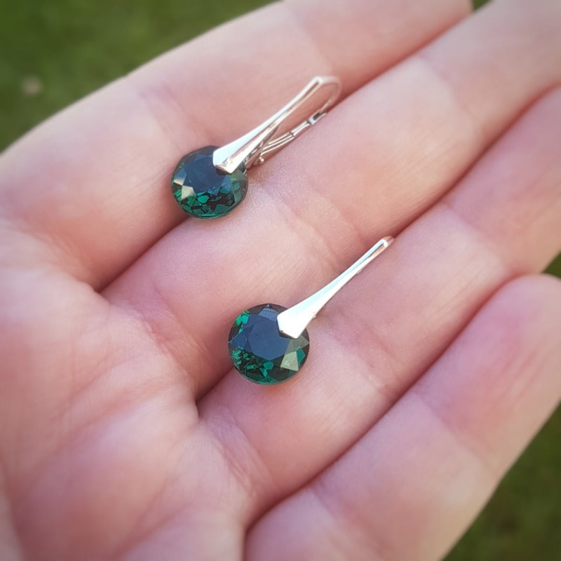 Emerald green round Silver earrings with secure lever back for women and girls, shop in Ireland jewellery gift boxed
