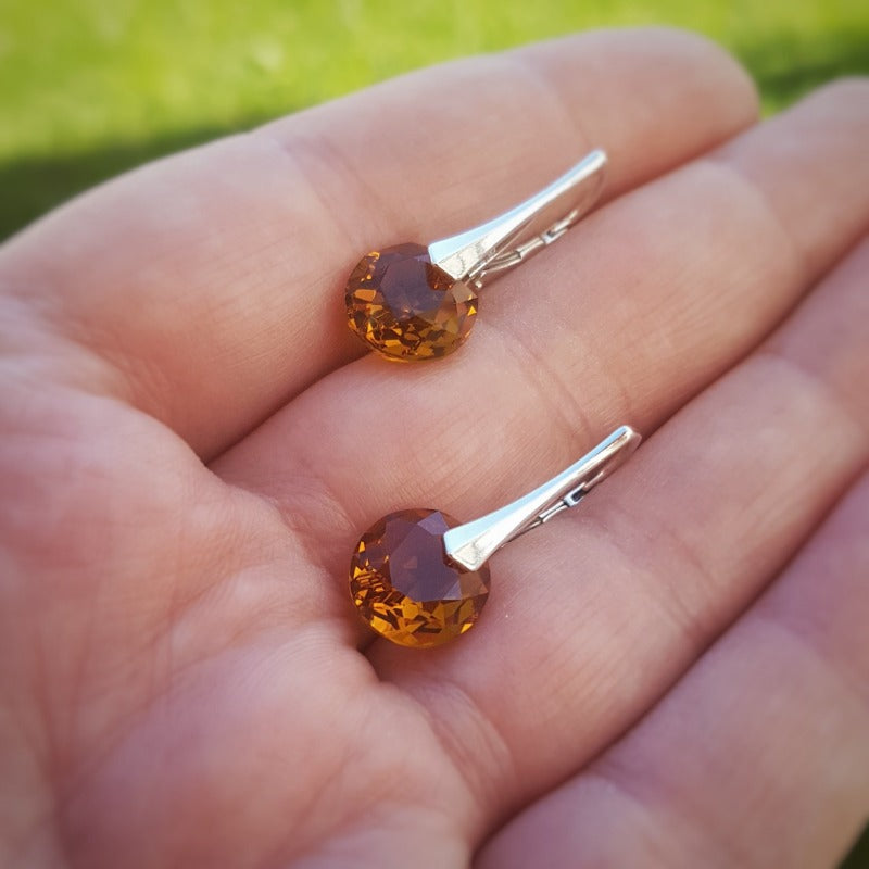 Amber topaz round crystal Silver earrings with secure lever back for women and girls, shop in Ireland jewellery gift boxed