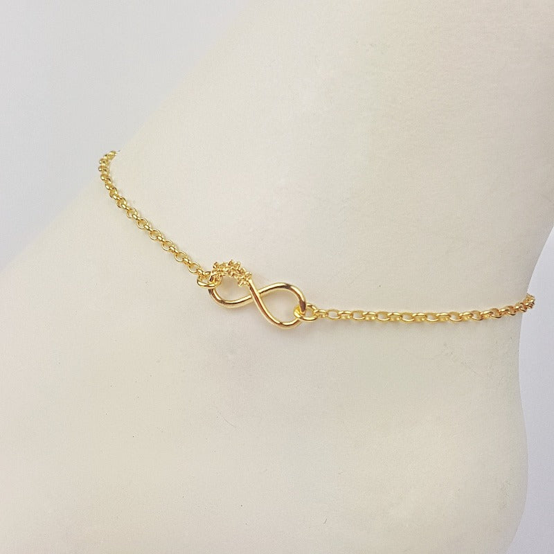 Infinity with flowers Anklet ankle bracelet in 24k gold plated sterling silver made local in Cork Ireland. Shop local Cork. Gift Boxed foot chain bracelet