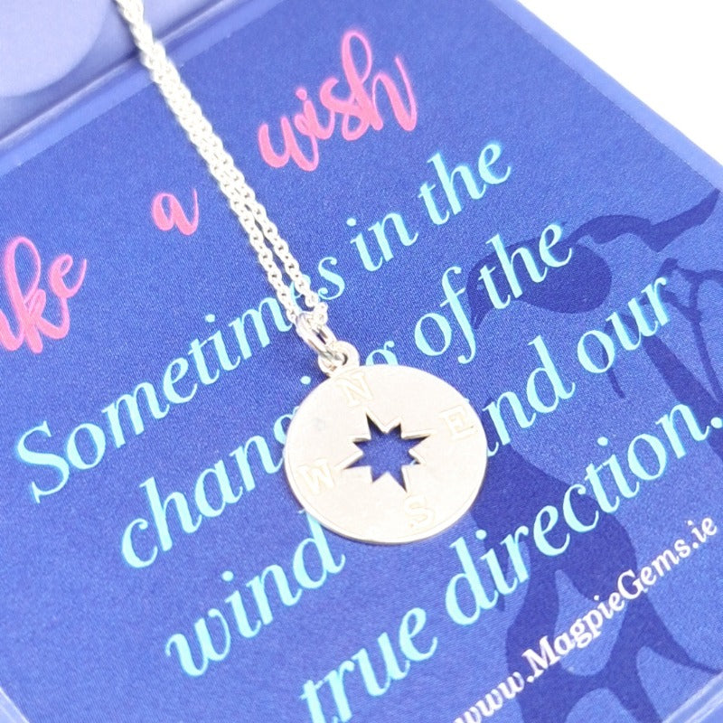 Silver compass necklace for women with Make a Wish message for Graduation gift in Ireland