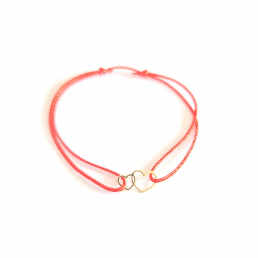 Double Hearts of Love Slip Knot Bracelet in red with 14k Solid Gold Double Heart, sliding knot adjustable bracelet with red cord, shop in Ireland, gift boxed gold jewellery