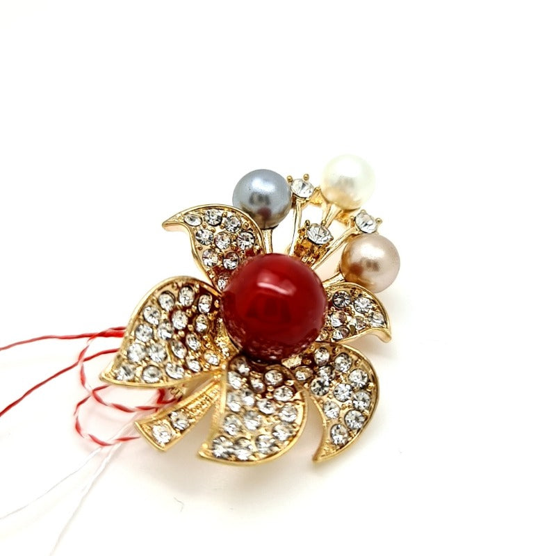 Crystal & Pearl Flower Martisor Brooch – Celebrate Spring Elegantly