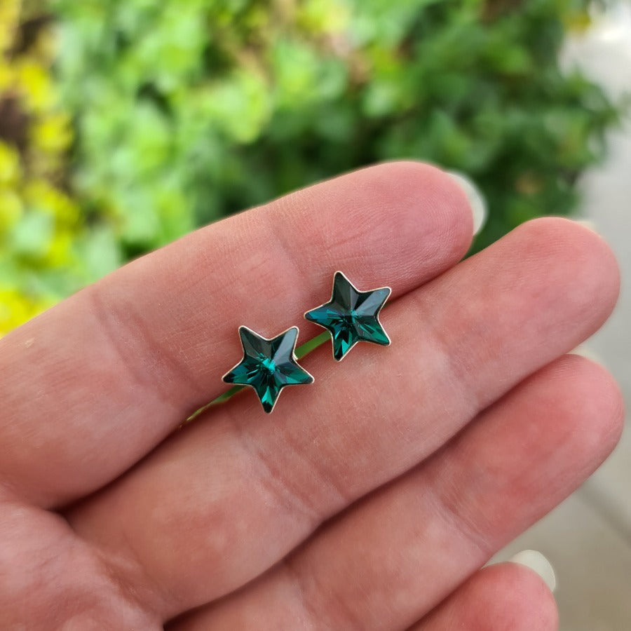 A pair of emerald star stud earrings in silver, gift boxed, shop in cork ireland