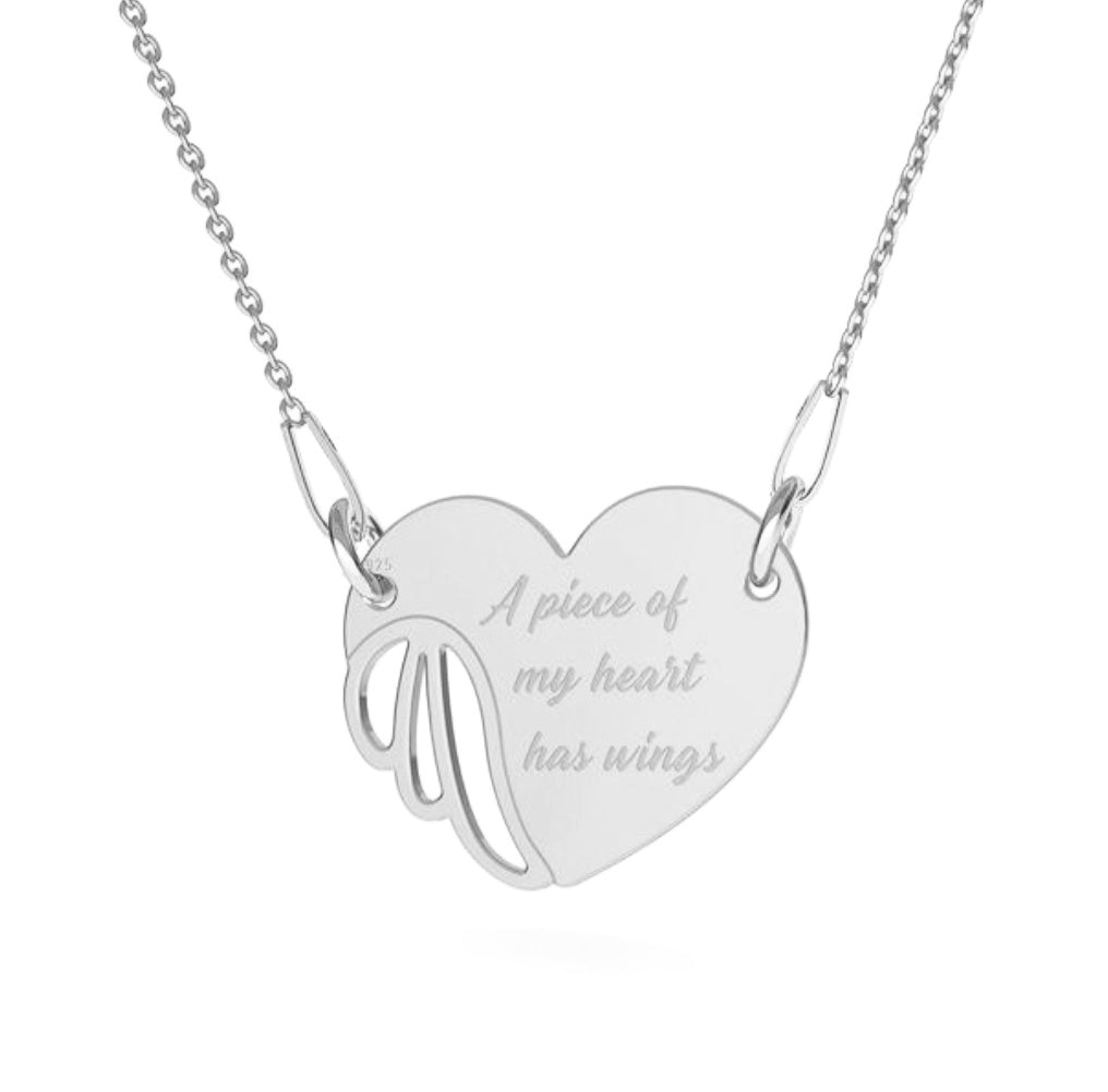Sterling silver Winged Heart Necklace with angel wing pendant and 'A piece of my heart has wings' engraving on a 45cm chain – Magpie Gems.