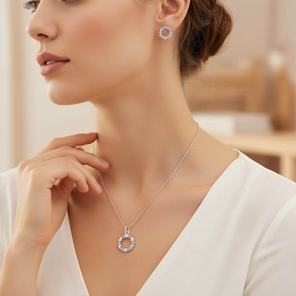 Rosette Circular Jewelley Set with Hearts and Crystals in Silver