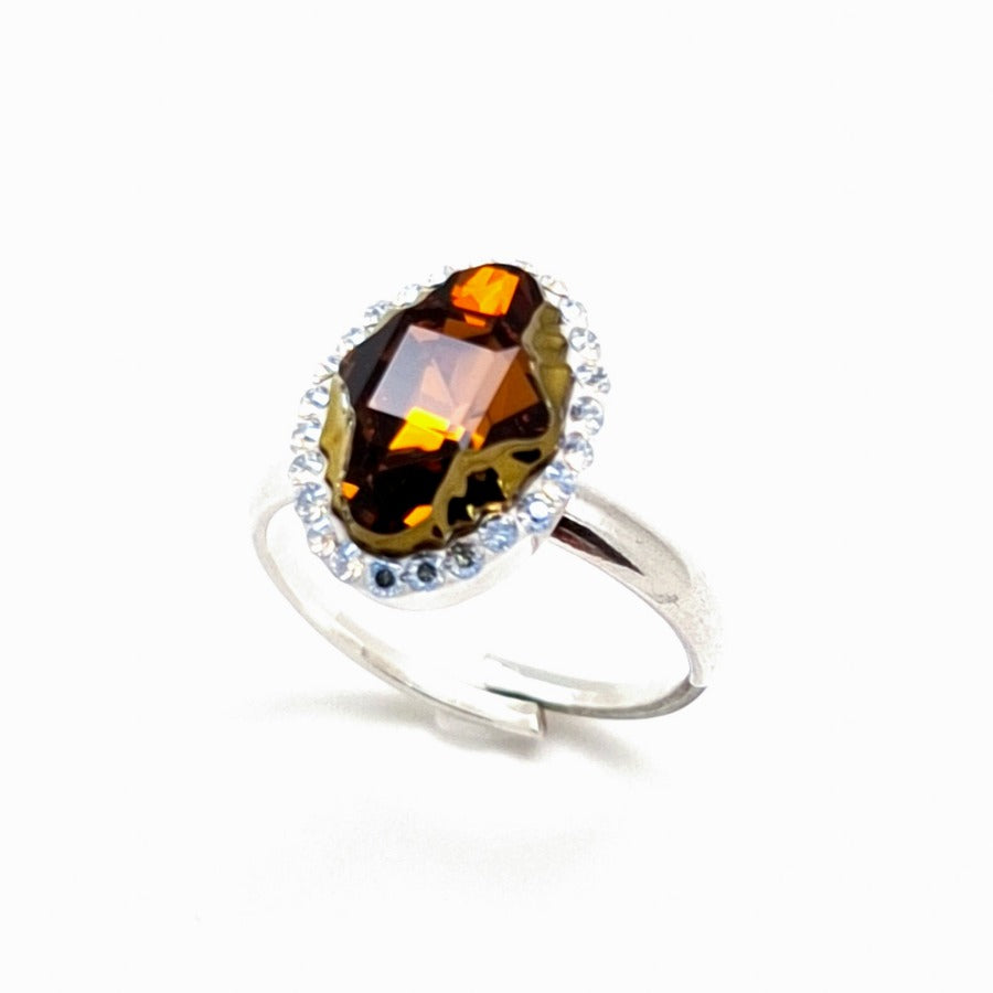 Oval Halo Ring for Women in Amber - central crystal surrounded by moonlight mini crystals