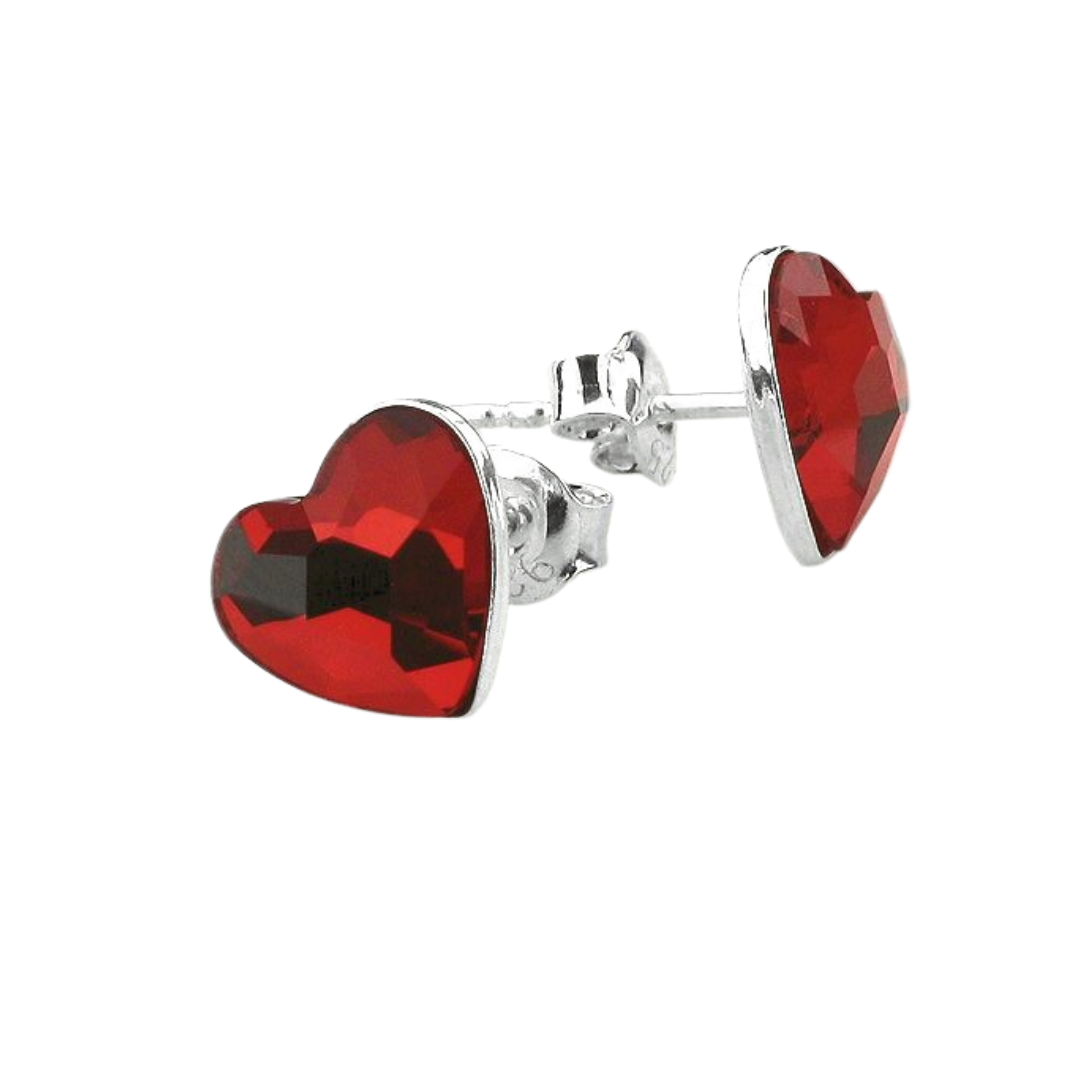 Red heart stud earrings in sterling silver