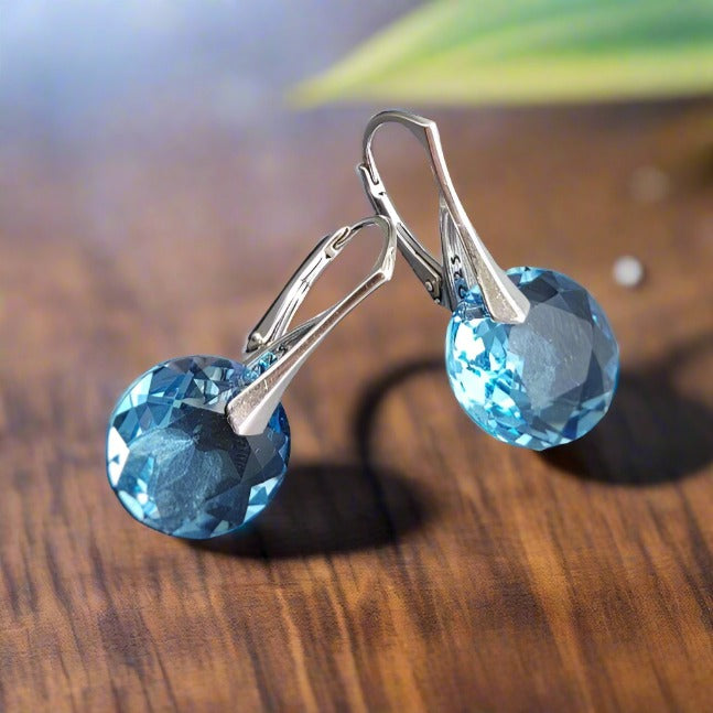 Round Birthstone Crystal Sterling Silver Drop Earrings with Aquamarine Crystals for Pisces or March Birthstone Gifts