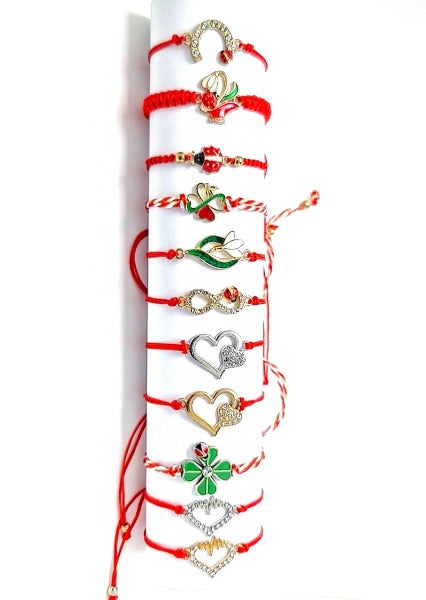 Lucky Martisor Bracelet collection with red macrame cord string from Ireland, gift for women or children for 1 March.
