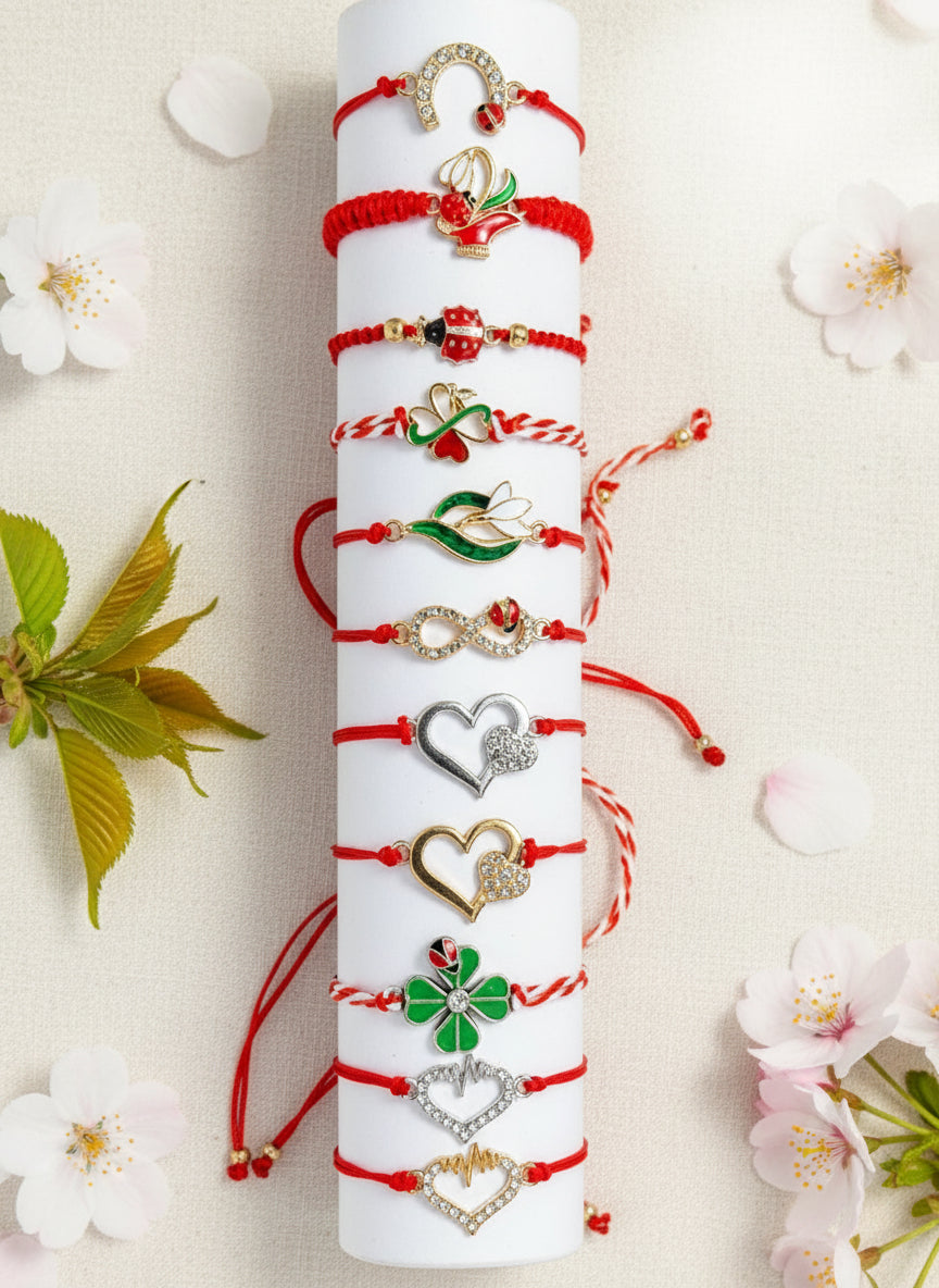 Lucky Martisor Bracelet collection with red macrame cord string from Ireland, gift for women or children for 1 March.