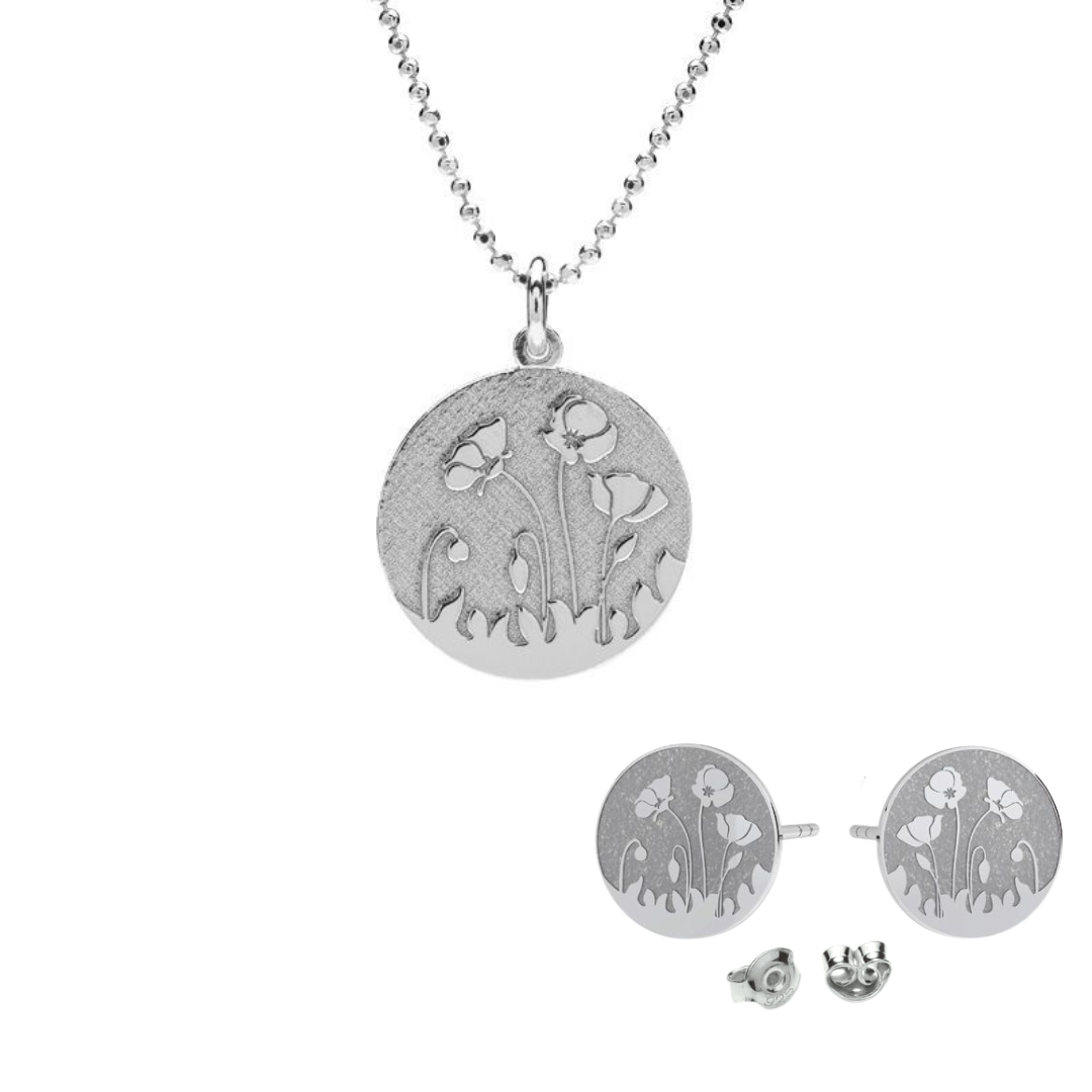 Beautiful silver jewellery set featuring engraved poppies on round stud earrings and disc pendant, on a fine ball chain from Ireland