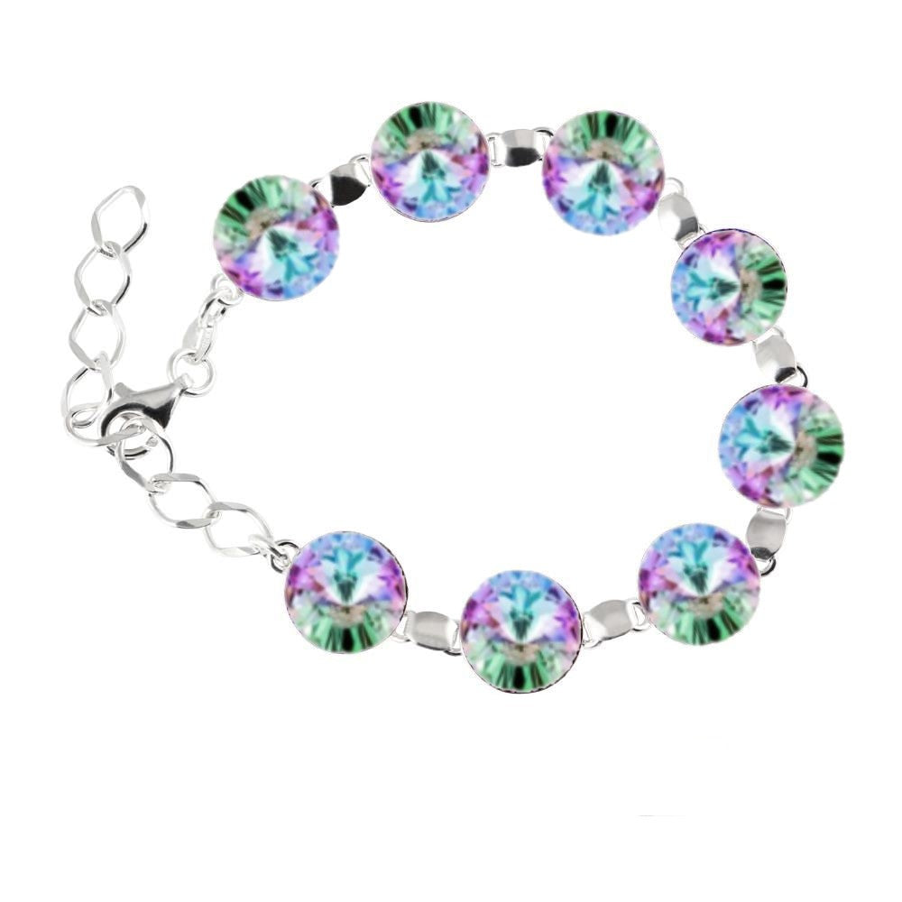 Vitrail Light Crystal Link Bracelet, Close-up of Vitrail Light Stone - Round Rivoli Crystal on Sterling Silver Bracelet