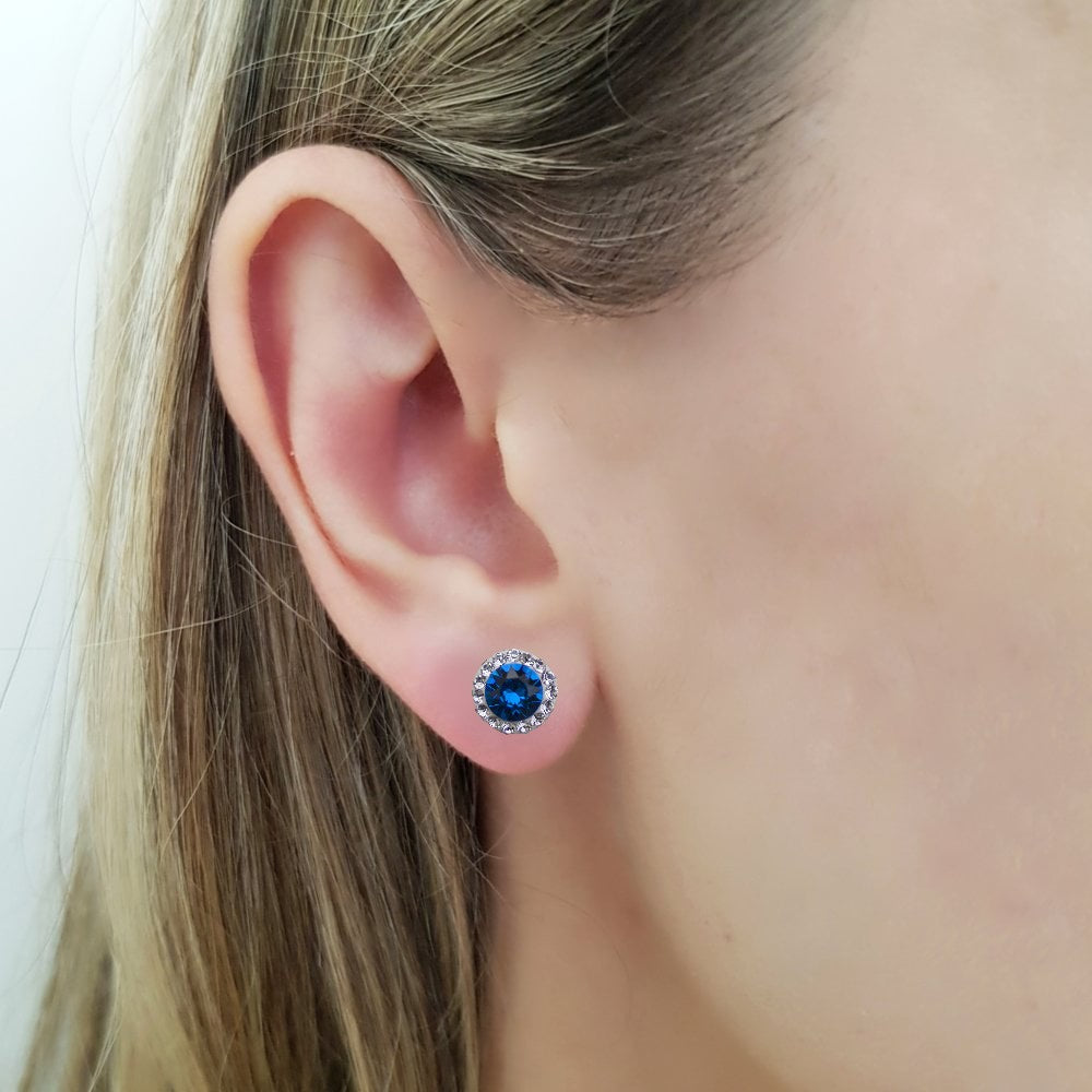 Close-up of Sapphire Blue Crystal Halo Stud Earring - Nickel-Free Sterling Silver