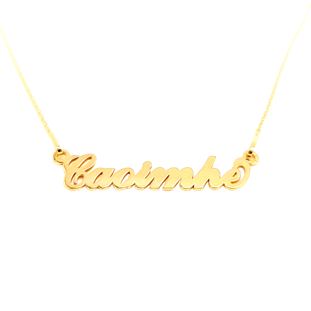 Close-up of a 24K Gold Plated Name Necklace by Magpie Gems Jewlellery Ireland with the name Caoimhe