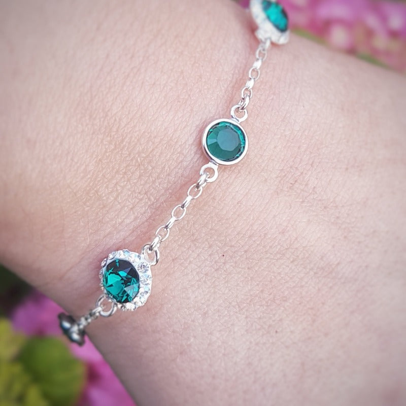 Close-up of Alternating Emerald Green and Moonlight-Accented Crystals in Sterling Silver Bracelet for Women made in Ireland