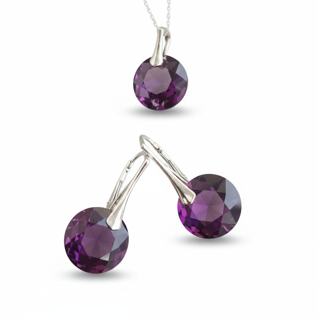 February birthstone amethyst jewellery set in sterling silver with pendant and leverback earrings by Magpie Gems